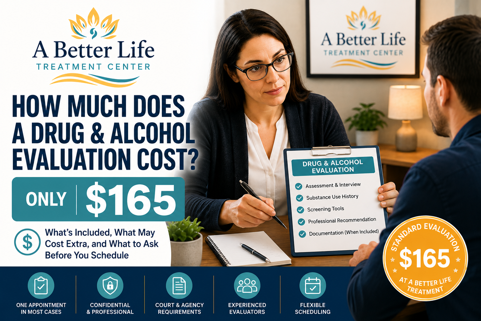 Counselor explaining the $165 drug and alcohol evaluation cost to a client