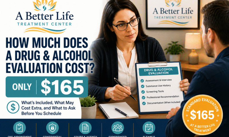 Licensed counselor explaining the $165 drug and alcohol evaluation process to a client during a confidential assessment at A Better Life Treatment.
