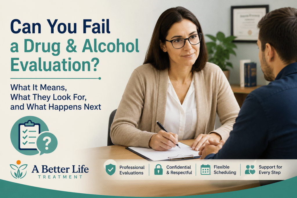 Counselor meeting with client during a drug and alcohol evaluation consultation.