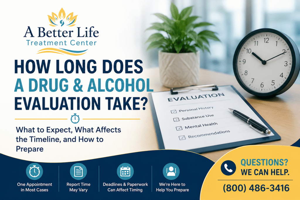 Professional drug and alcohol evaluation paperwork with a clock illustrating how long a court-ordered substance abuse evaluation takes.