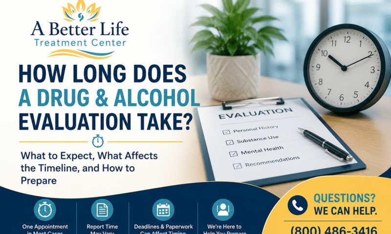 Professional drug and alcohol evaluation paperwork with a clock illustrating how long a court-ordered substance abuse evaluation takes.