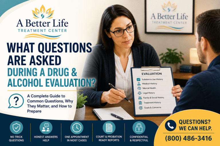 Licensed counselor conducting a drug and alcohol evaluation while reviewing paperwork with a client during a confidential assessment appointment.