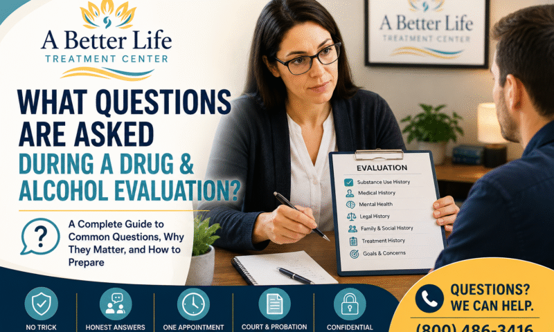 Licensed counselor conducting a drug and alcohol evaluation while reviewing paperwork with a client during a confidential assessment appointment.