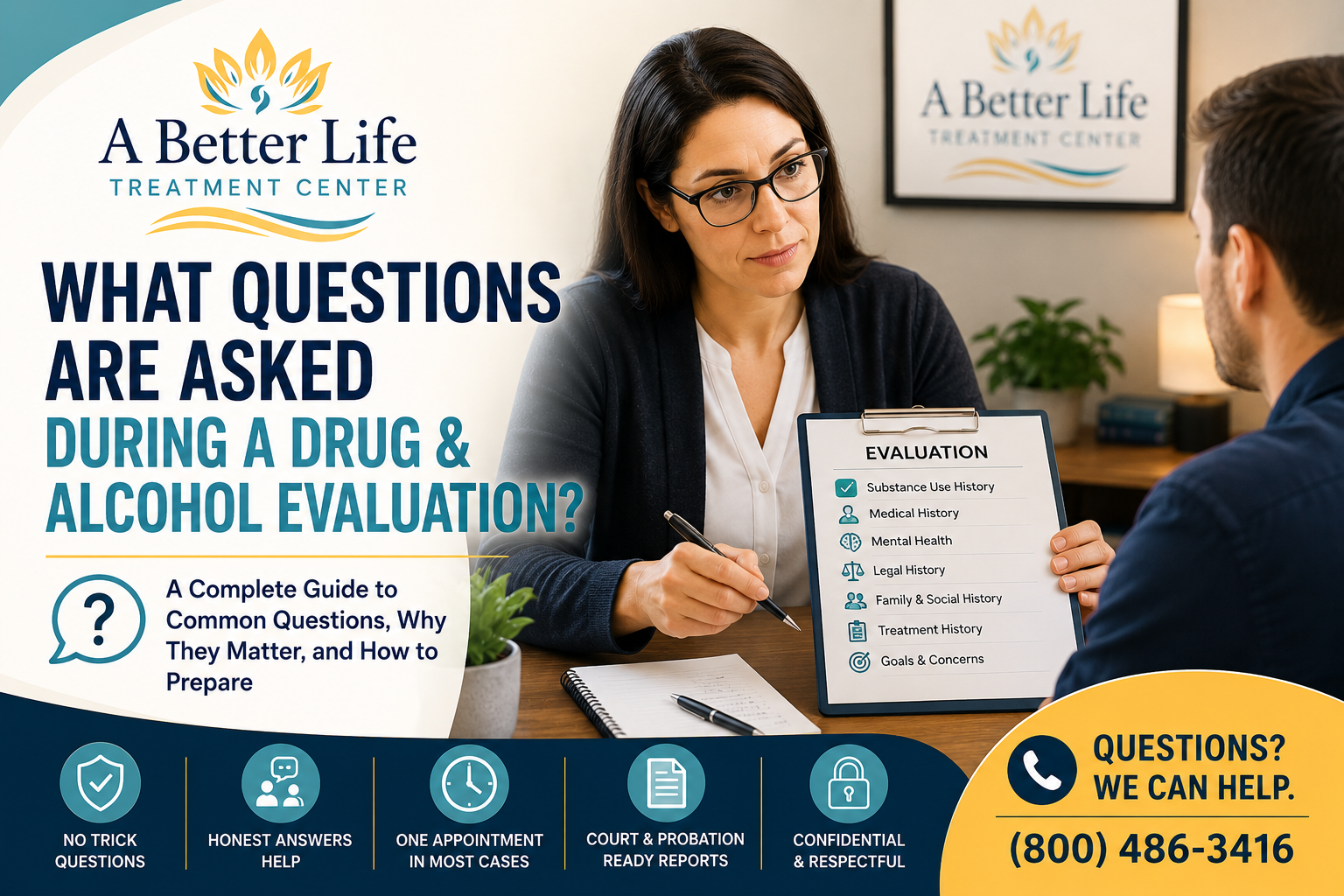 Counselor reviewing paperwork with a client during a drug and alcohol evaluation appointment