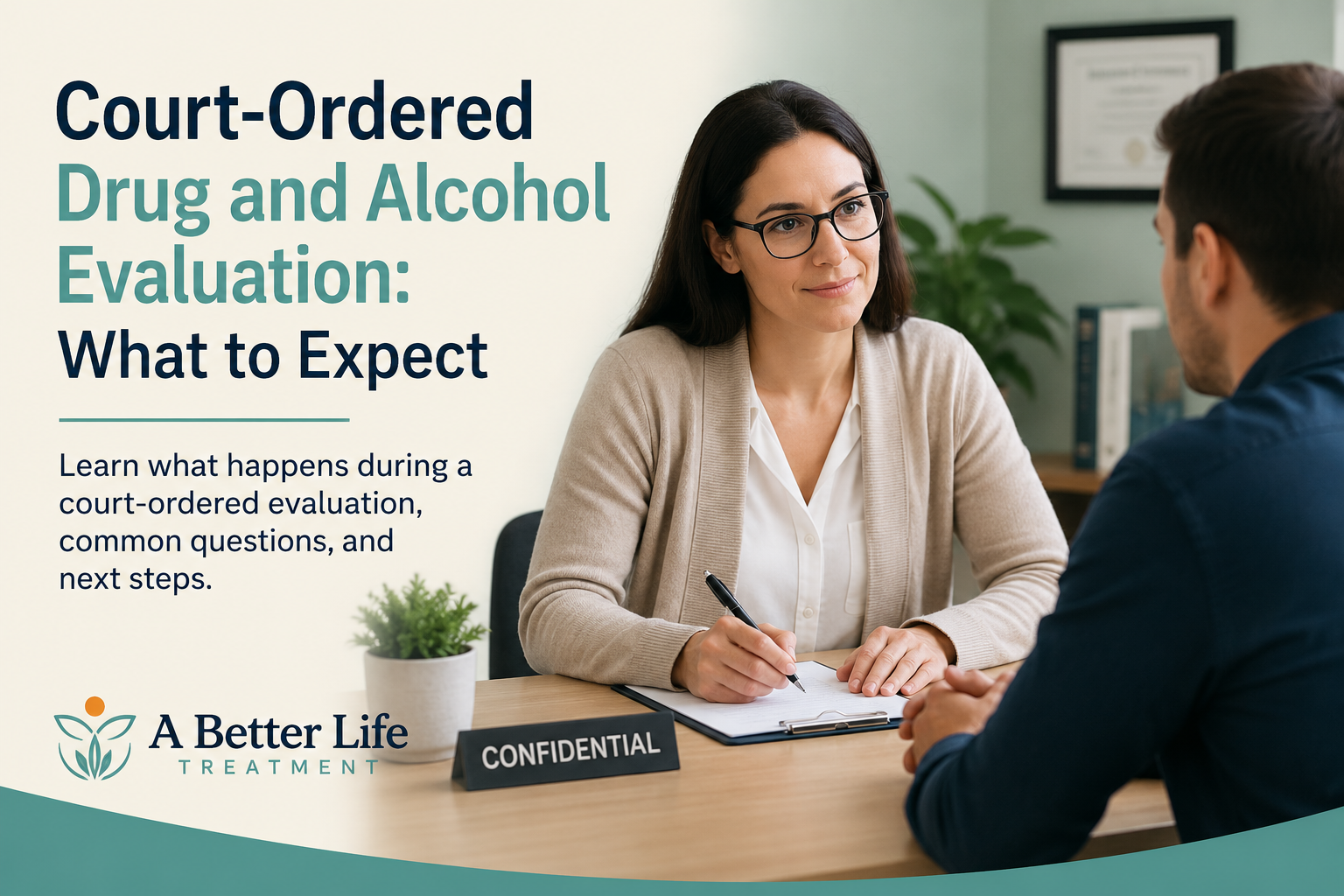Court-ordered drug and alcohol evaluation consultation between a licensed counselor and client at A Better Life Treatment.