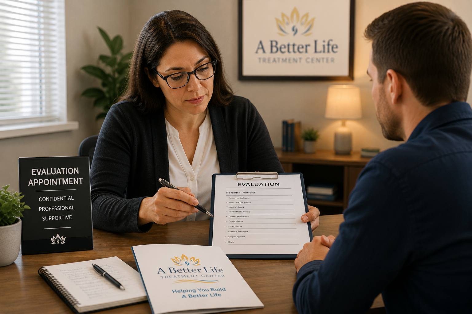 Counselor reviewing paperwork during a drug and alcohol evaluation appointment