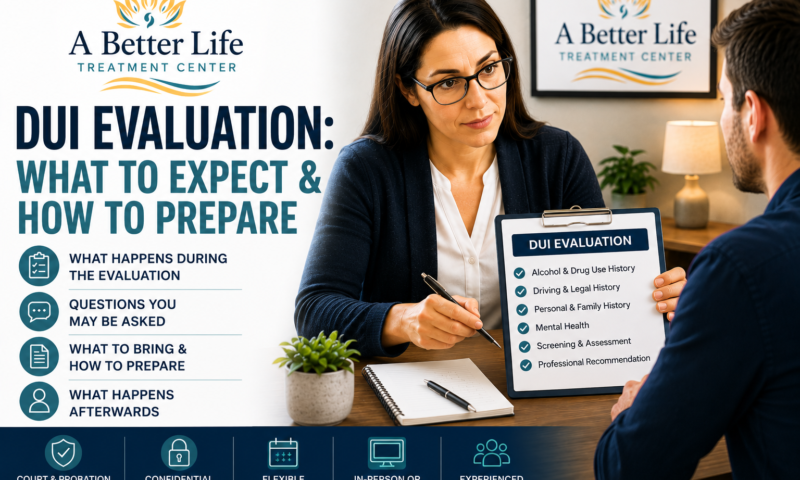 Counselor meeting with a client during a DUI evaluation and reviewing alcohol use, driving history, mental health, and assessment information.