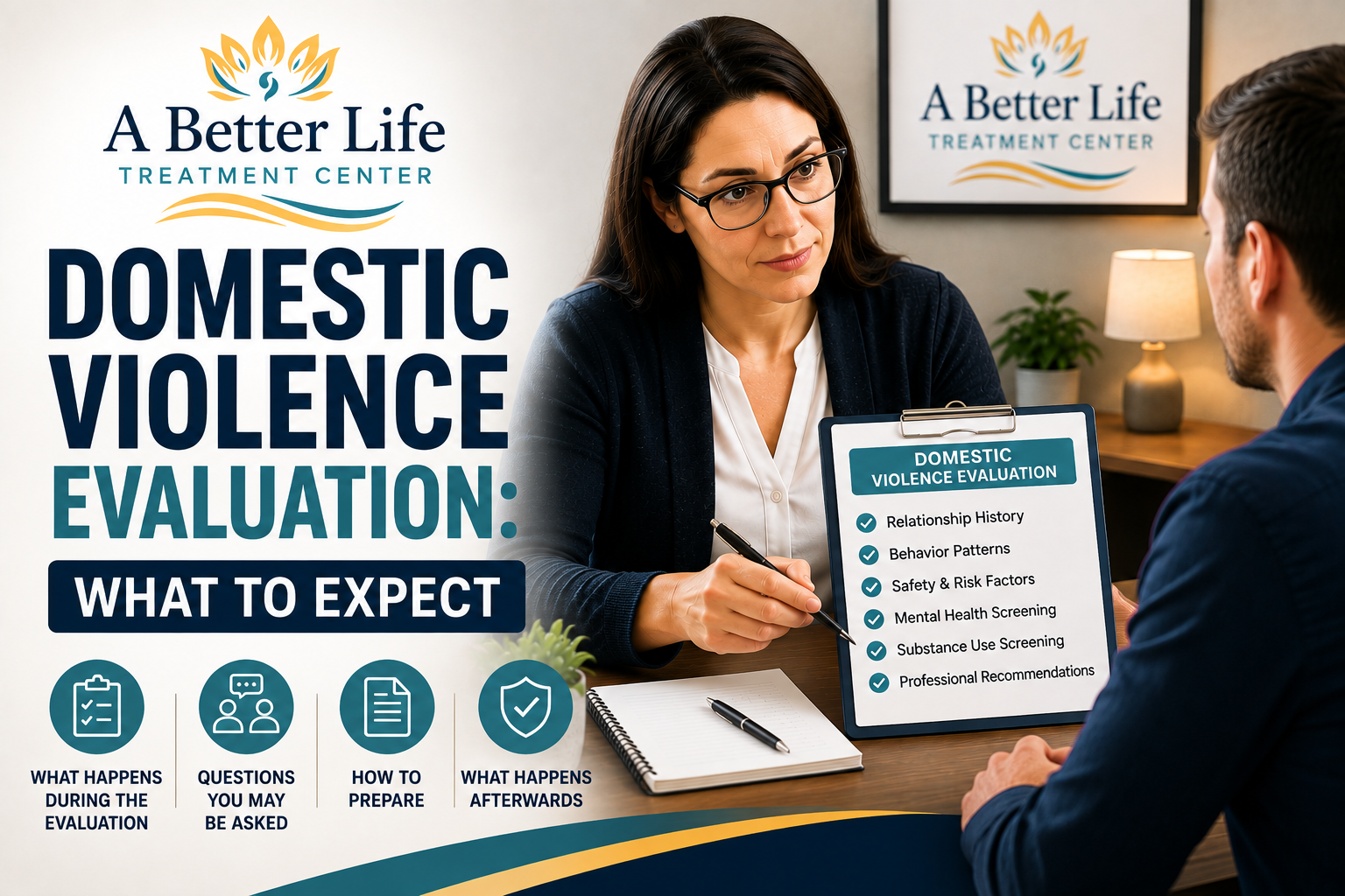 Licensed counselor conducting a confidential domestic violence evaluation with a client