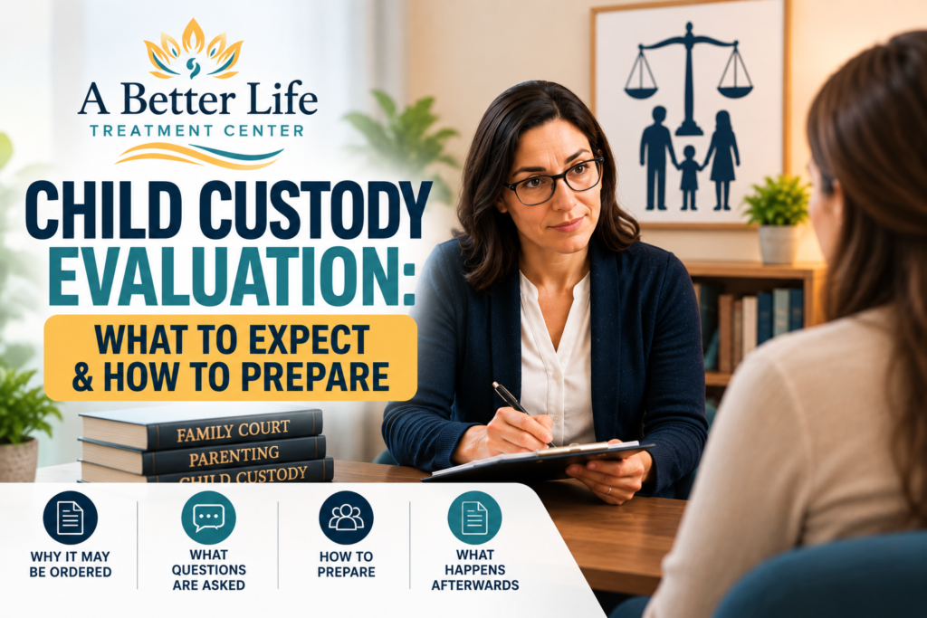 Licensed counselor meeting with a parent during a child custody-related evaluation for family court, discussing questions, preparation, and next steps.