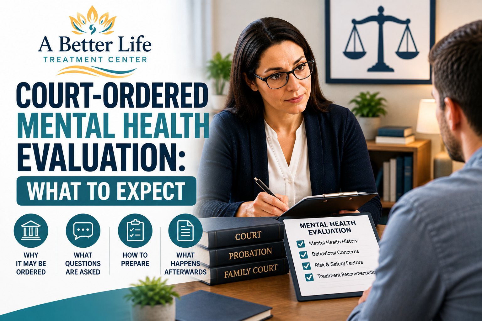 Mental health professional conducting a court-ordered mental health evaluation with a client